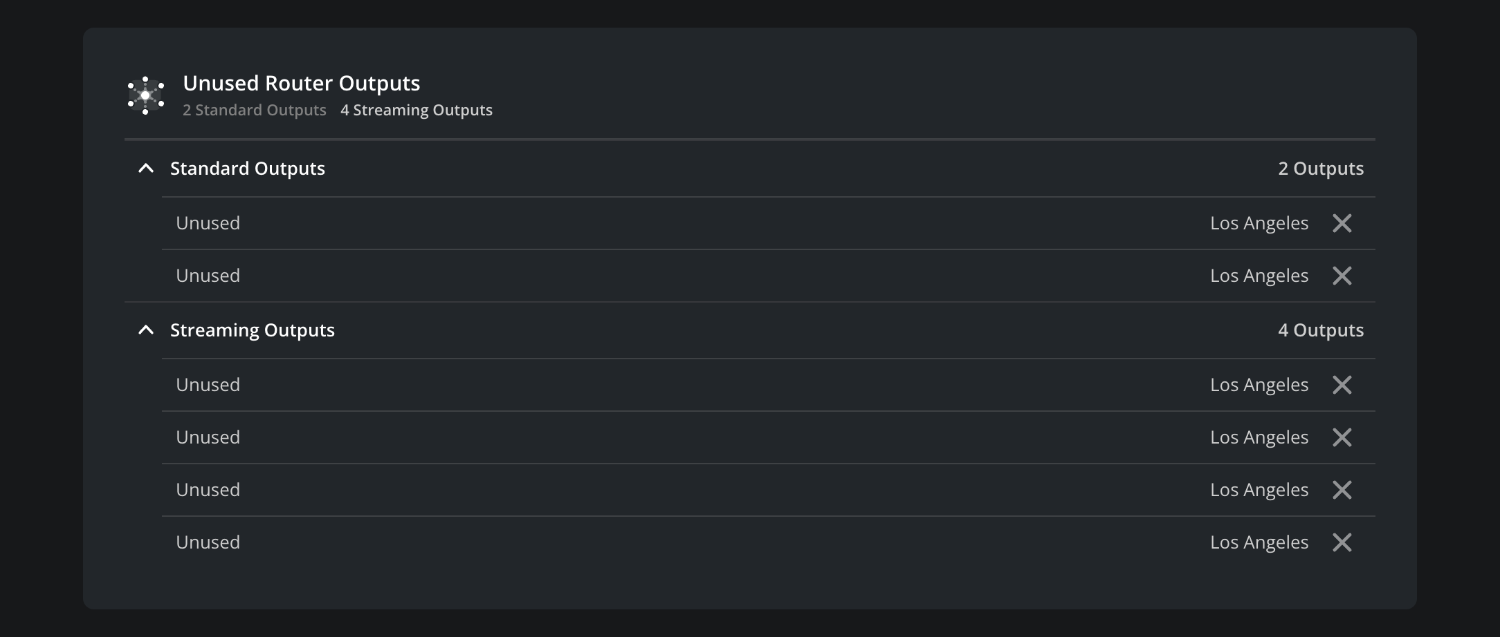 The Stream Router expanded list showing outputs by region