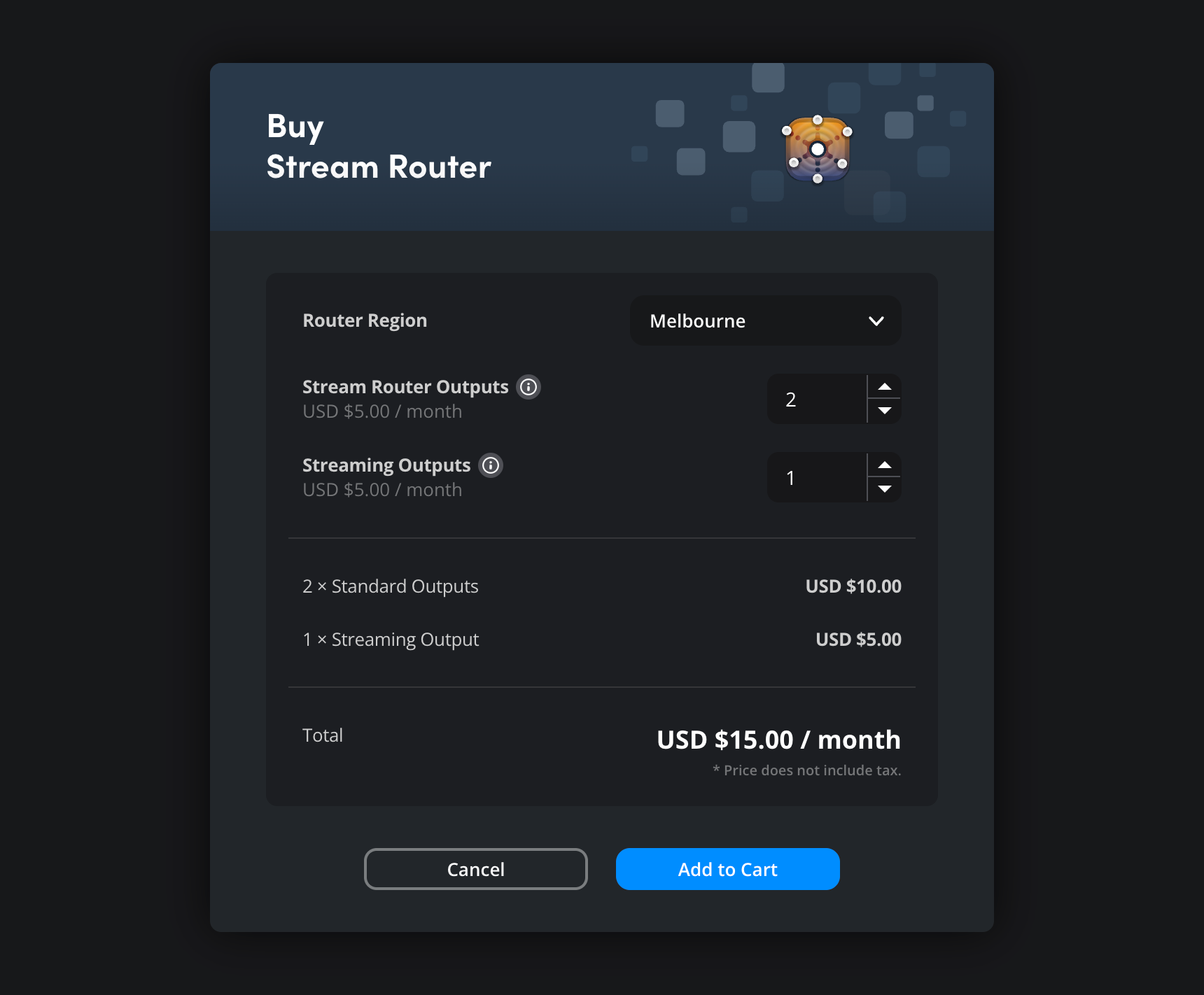 The Buy Stream Router dialog with region selector and output quantity controls