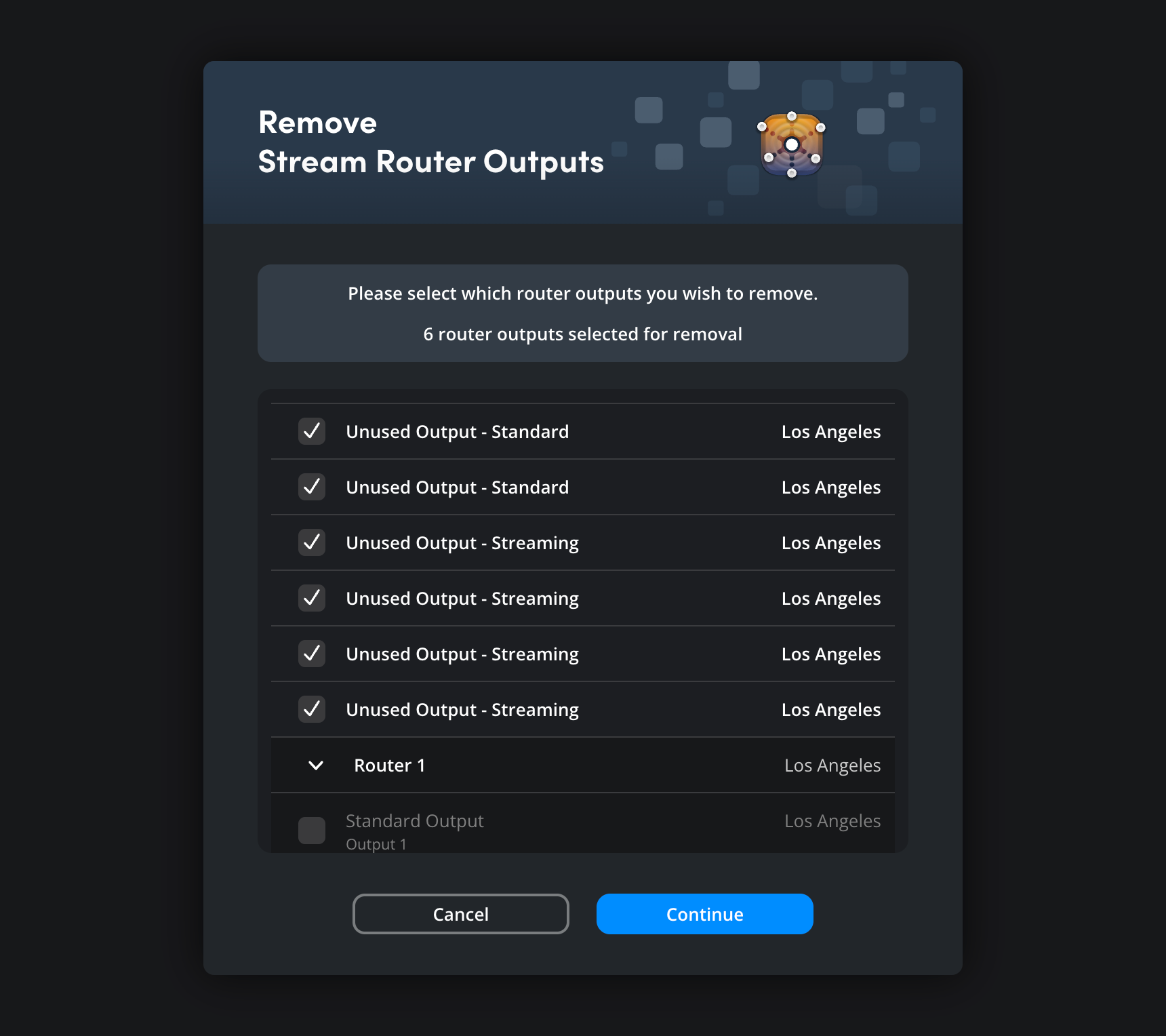 The Remove Stream Router Outputs dialog with checkboxes for selecting outputs