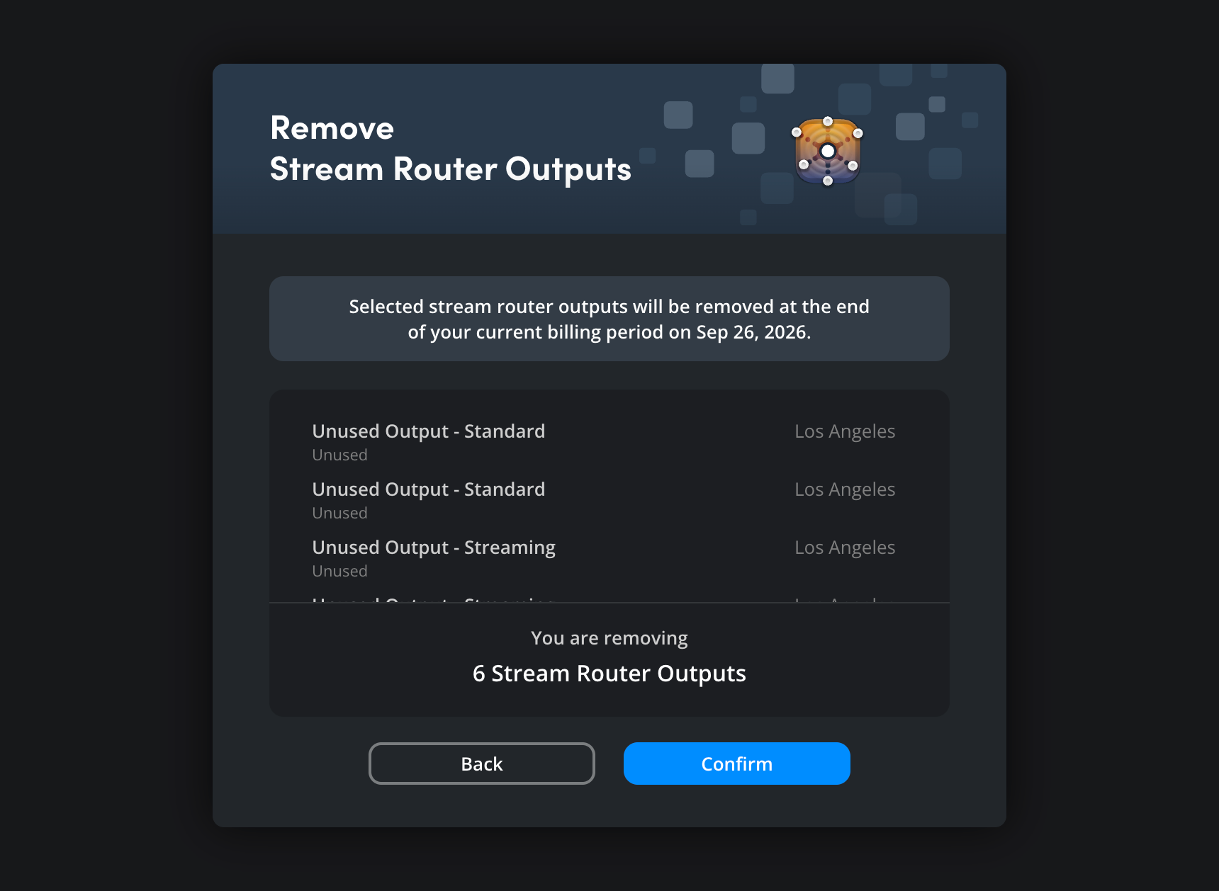 The remove outputs summary dialog showing selected outputs