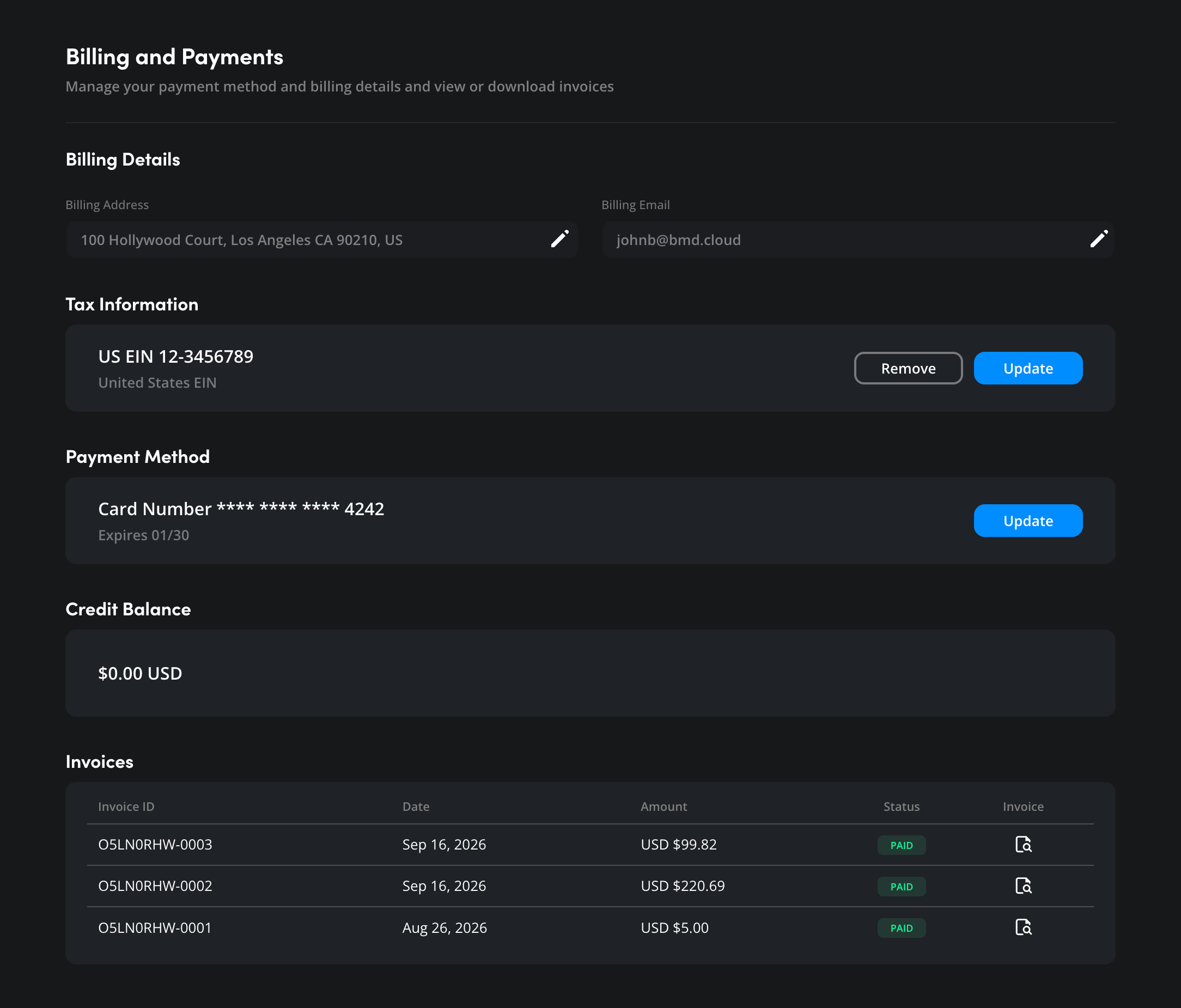 The Billing and Payments page showing billing details and payment method information