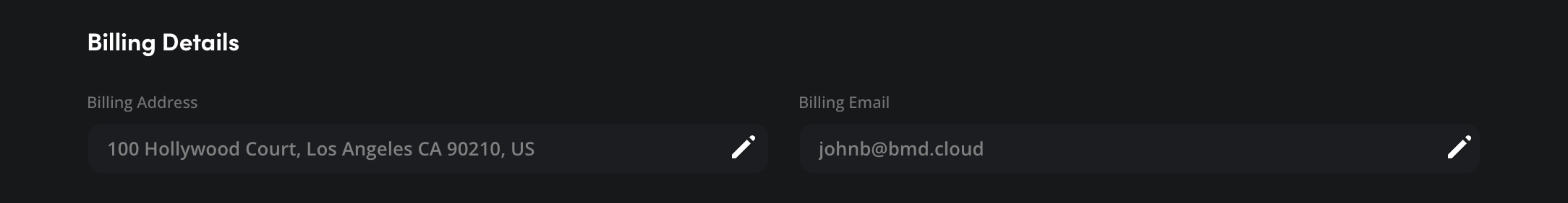 The Billing Details section showing Billing Address, Billing Email with edit icons