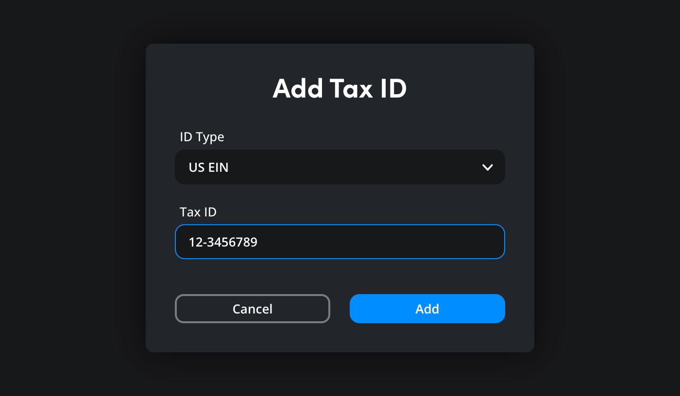 The Add Tax ID dialog with ID type selector and information fields