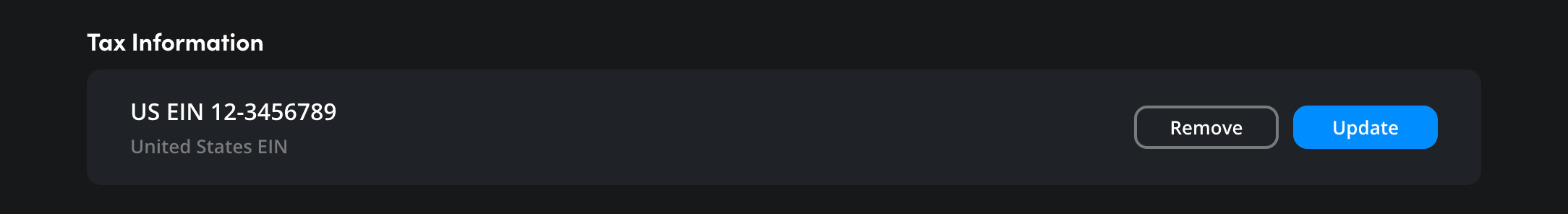 The Tax Information section showing added tax ID with Remove and Update buttons