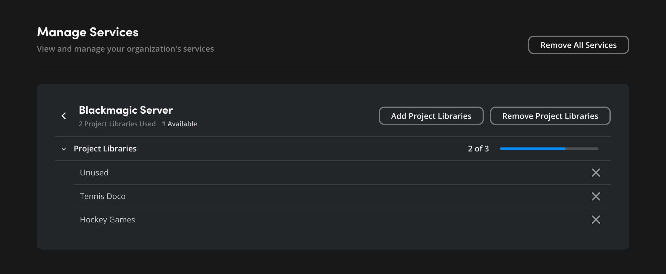 The Blackmagic Server page showing Project Libraries usage and Add/Remove buttons