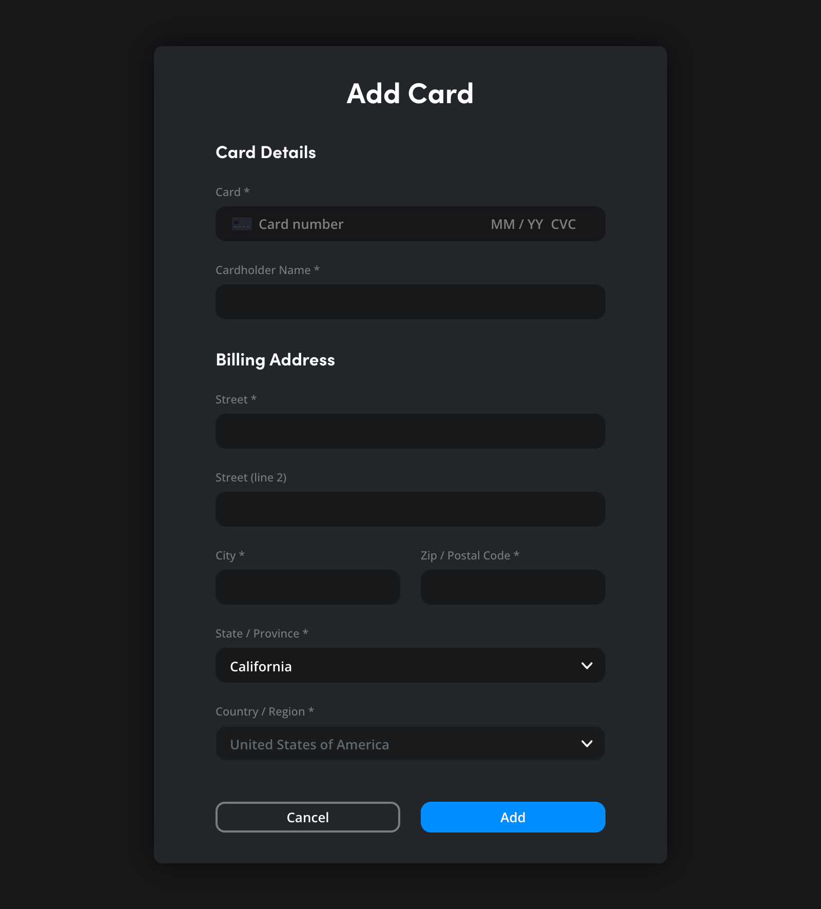 The Add Card dialog with card information and billing address fields