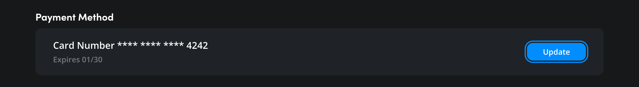 The Payment Method section showing current card with Update button