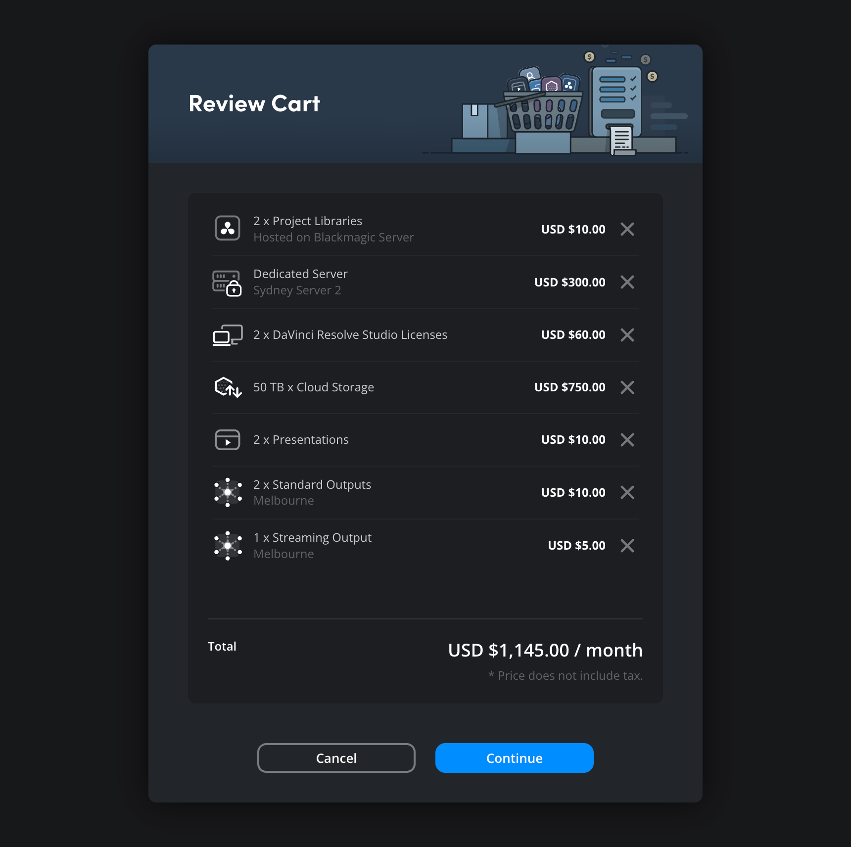 The cart page showing services with remove buttons for each item