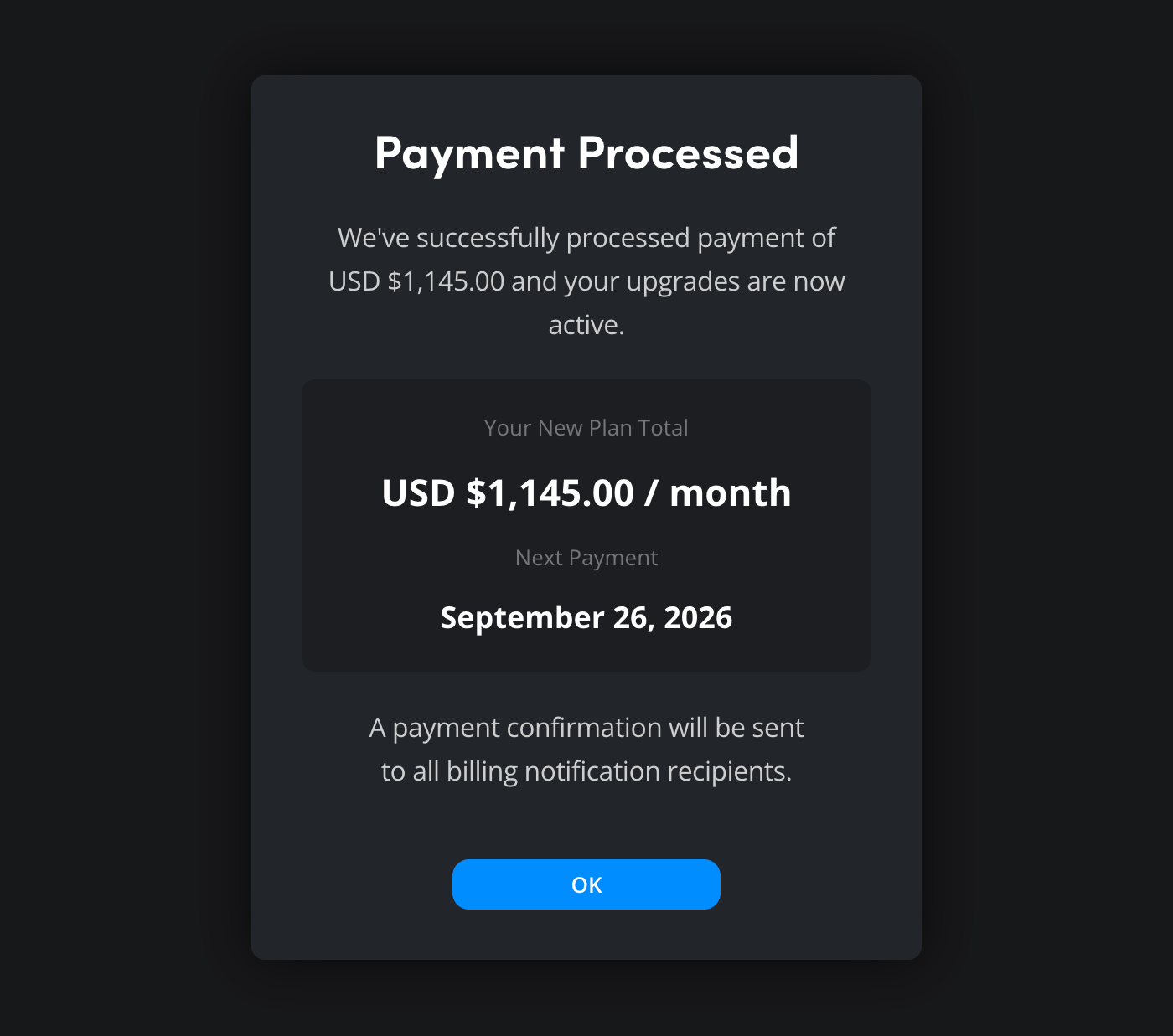 The payment confirmation window showing monthly total and next payment date