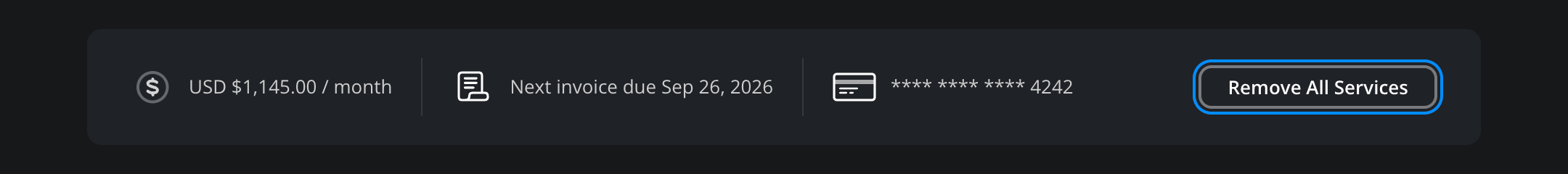 The Remove All Services header showing pricing information highlighted