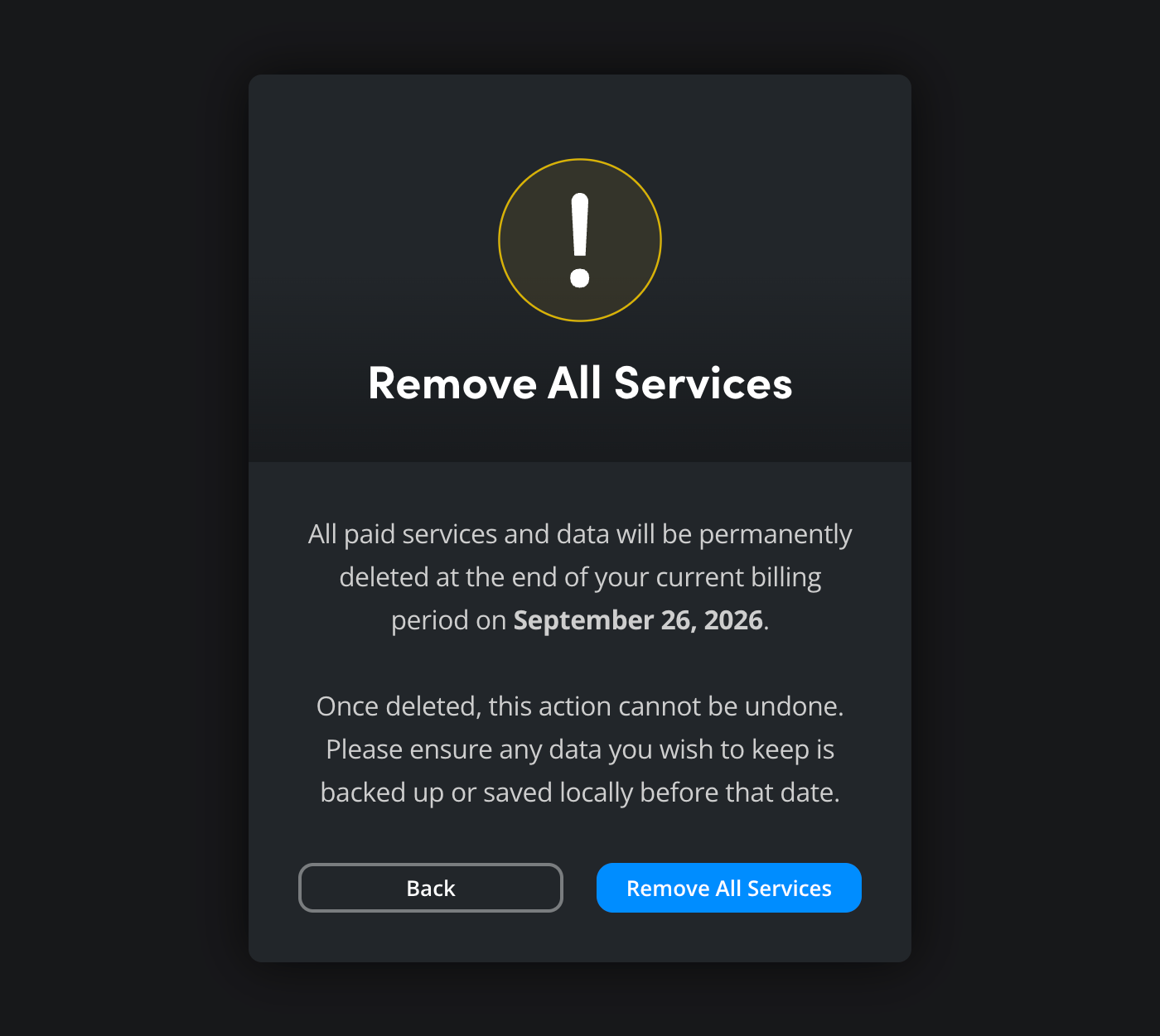 The confirmation window for removing all services with billing cycle details