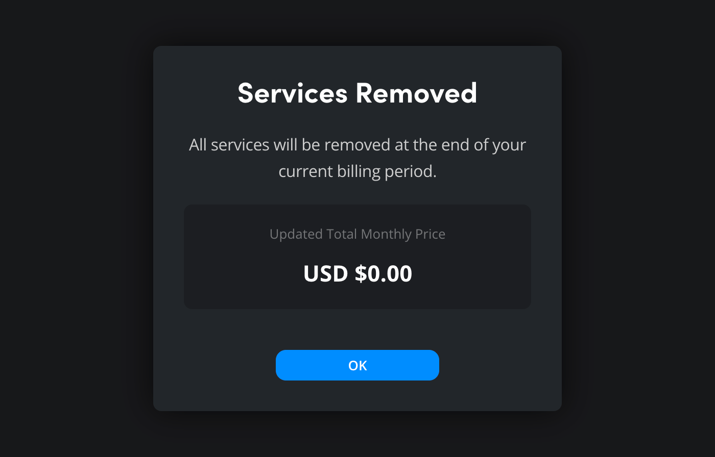 The second confirmation window for removing all services with pricing information