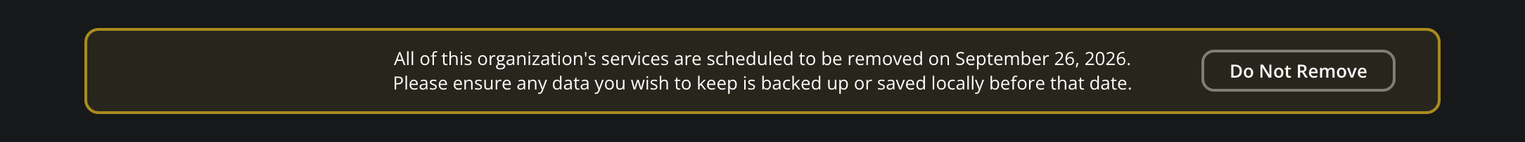 The Manage Services page showing removal reminder banner