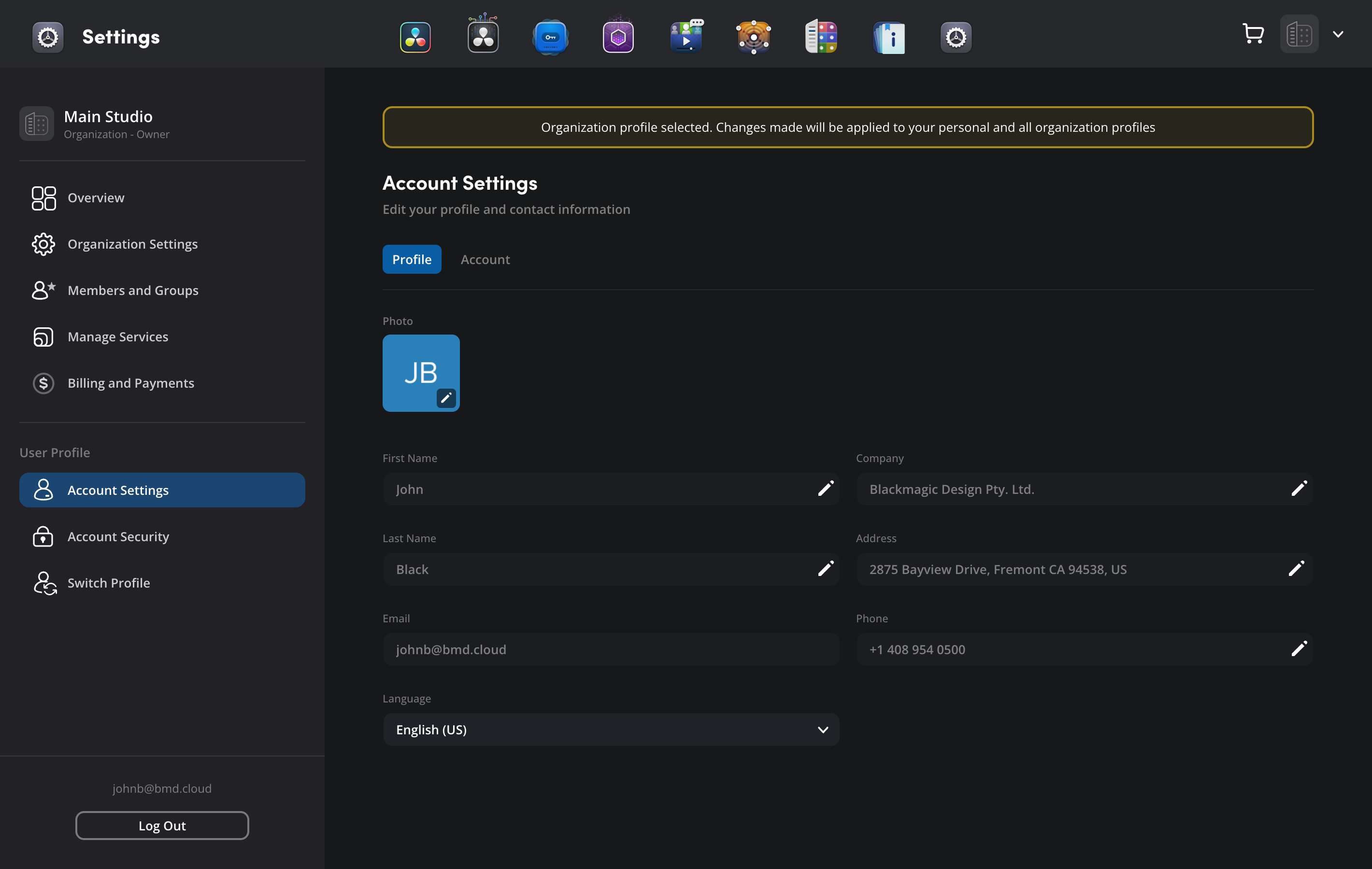 The Account Settings page showing Profile tab with editable user information fields