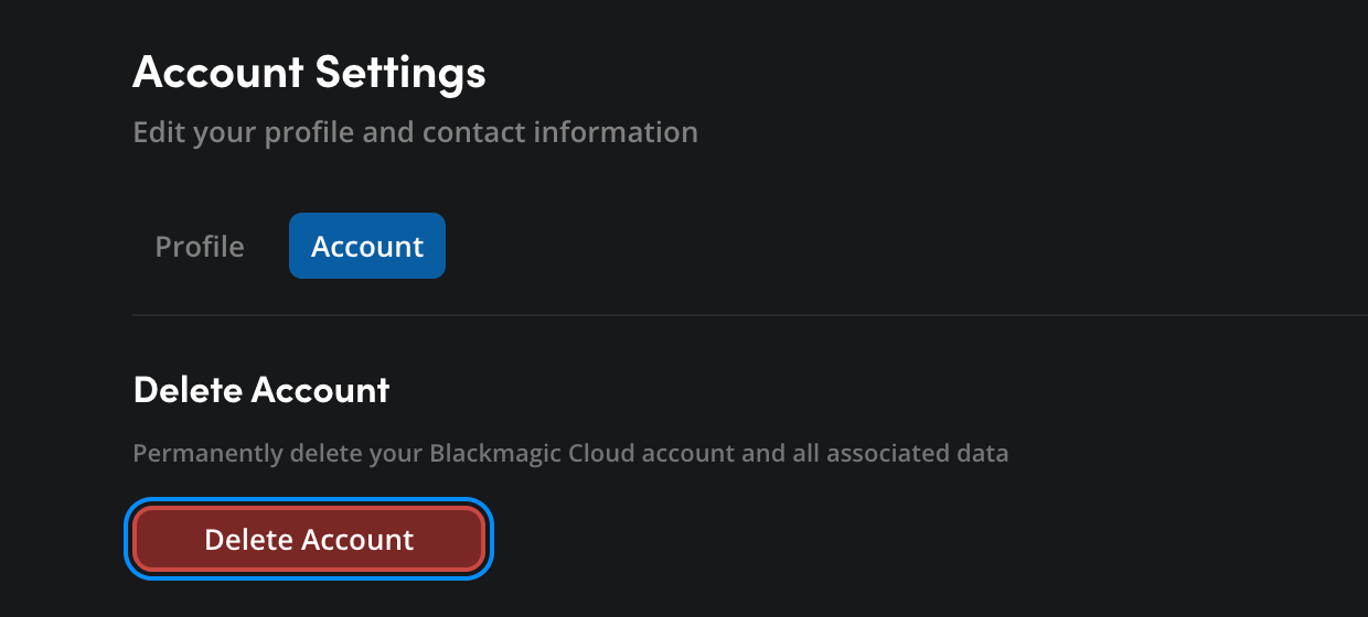 The Account tab showing Delete Account button highlighted
