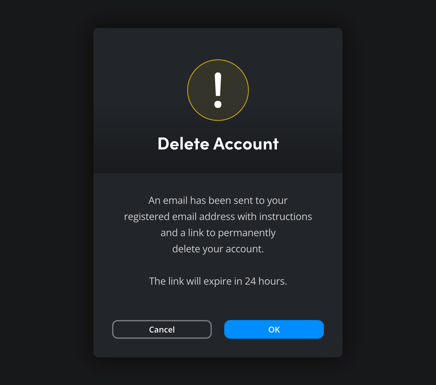 The notification confirming confirmation email has been sent for account deletion
