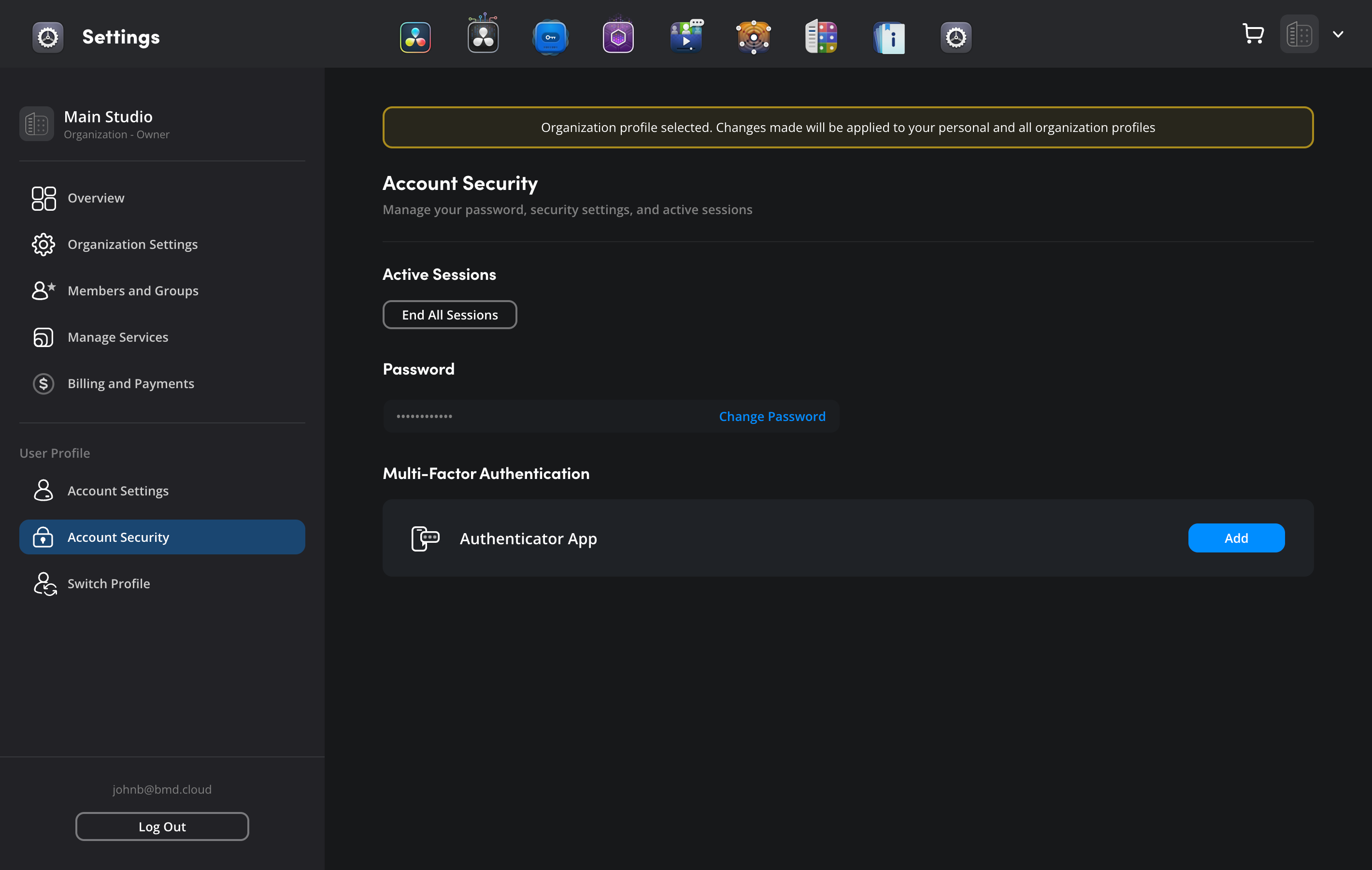 The Account Security page showing End All Sessions, Change Password and Multi Factor Authentication options