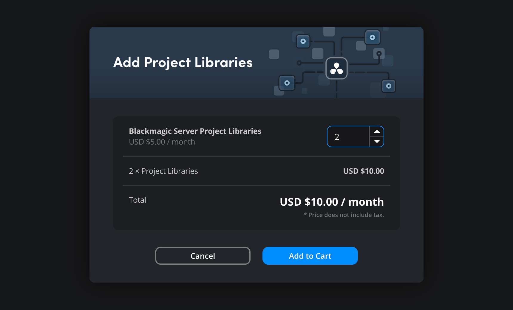 The Add Project Libraries dialog showing quantity selector and Add to Cart button