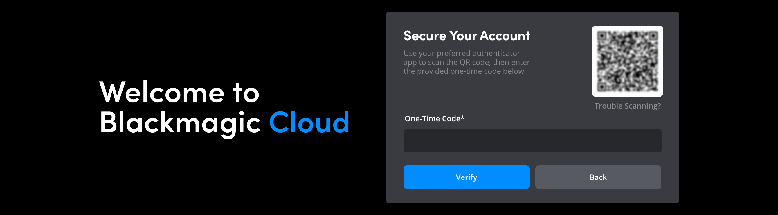 The QR code verification screen for multi factor authentication setup
