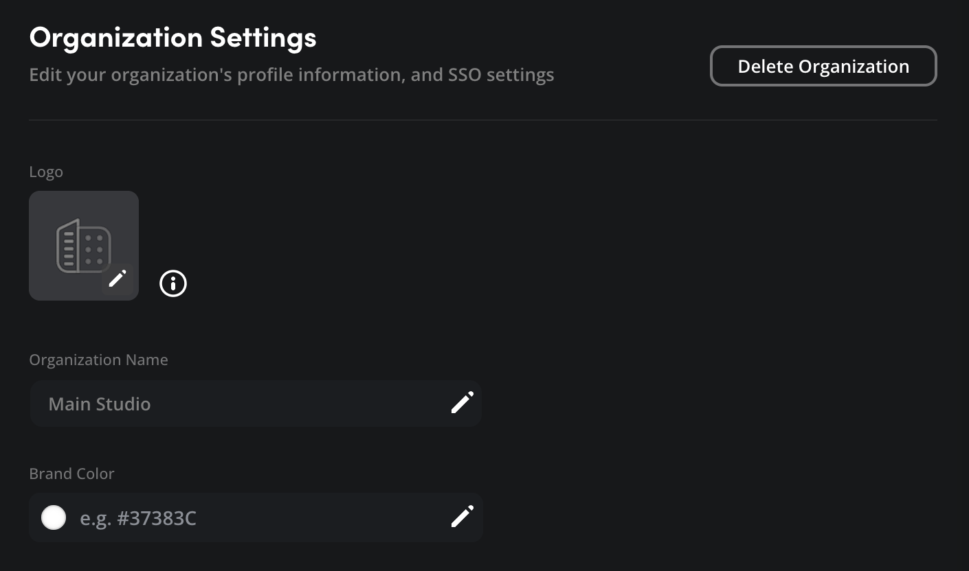 The ‘organization settings’ provide options for customizing and renaming an organization