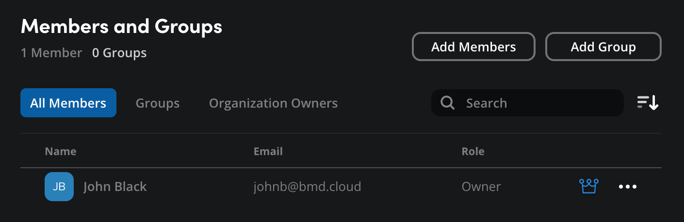 The ‘members and groups’ page contains options for adding members, creating groups and controlling ownership in a Blackmagic Cloud organization