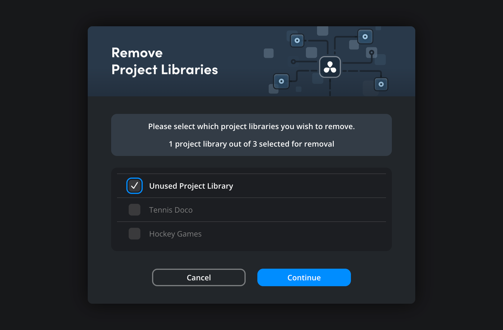 The Remove Project Libraries dialog with checkboxes for selecting libraries