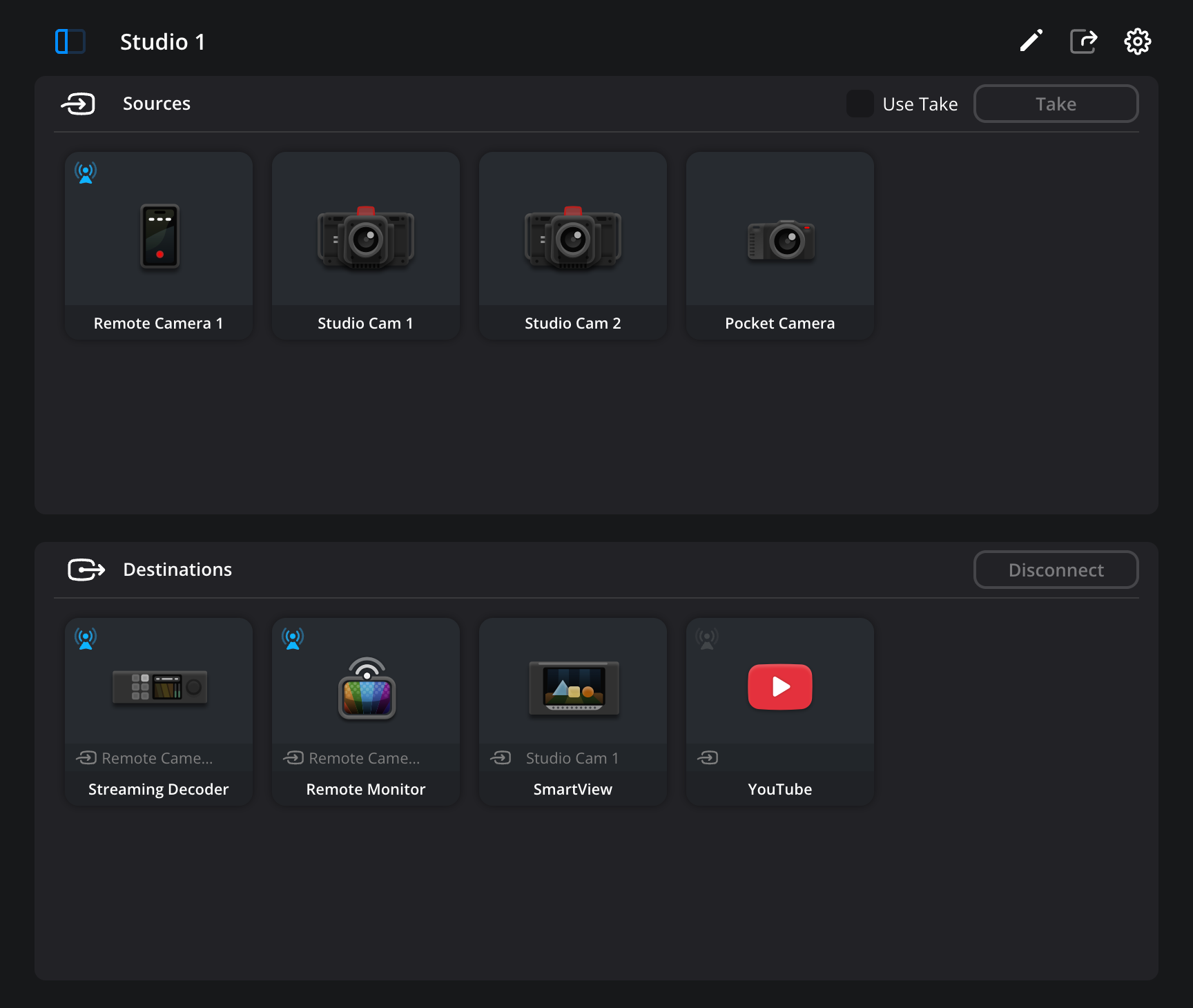 Stream Router interface showing the Sources panel with connected cameras and the Destinations panel with streaming outputs including a Streaming Decoder, Remote Monitor, SmartView and YouTube