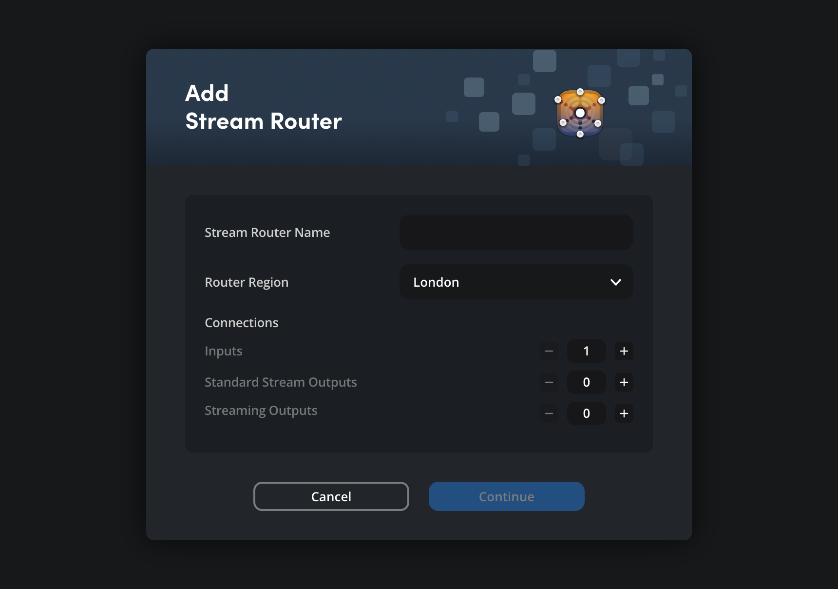 The 'Add Stream Router' dialog with fields for the stream router name and router region, plus stepper controls for setting the number of inputs, standard stream outputs and streaming outputs