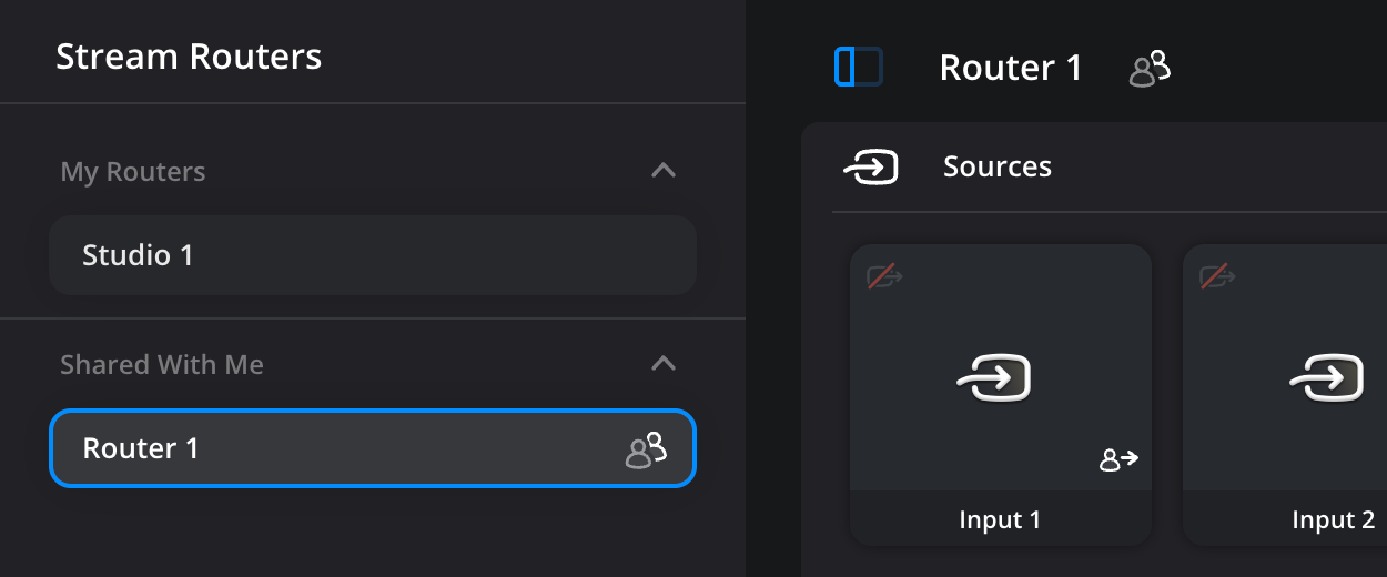 The Stream Routers side panel showing a 'My Routers' section containing 'Router 1' and a 'Shared With Me' section with 'Studio 1' selected and highlighted