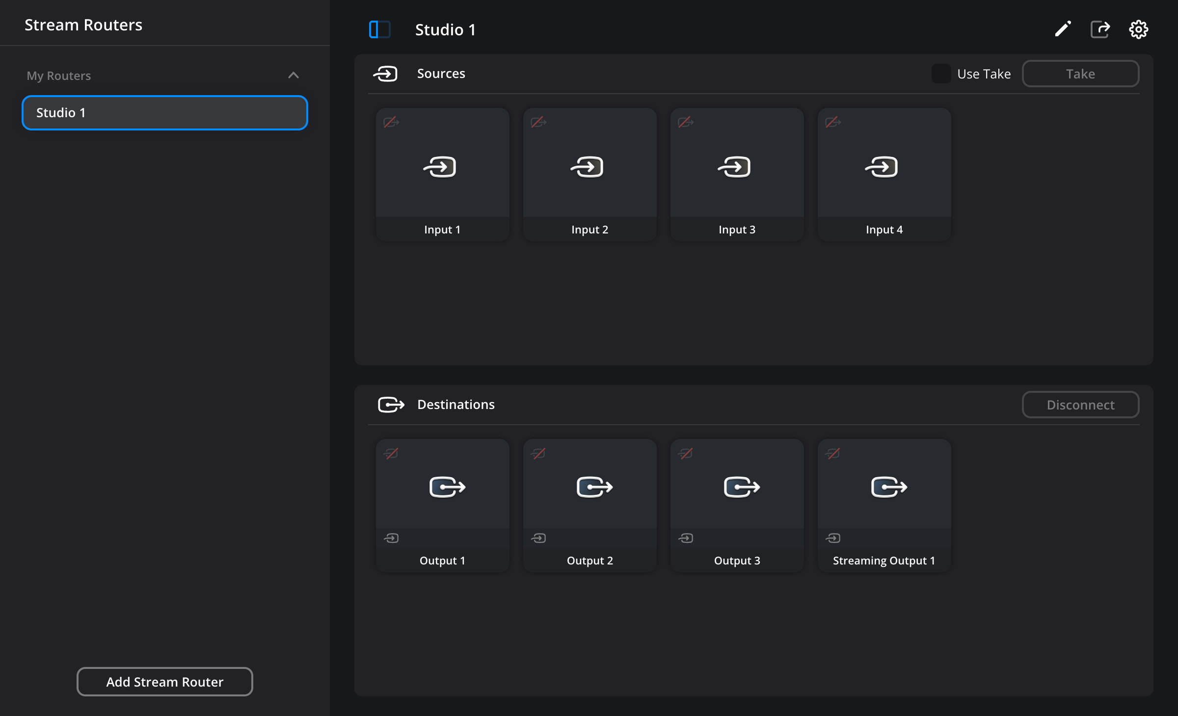A newly created stream router named 'Studio Stream Router' shown in the side panel, with four unconfigured inputs in the Sources panel and four standard outputs plus one streaming output in the Destinations panel