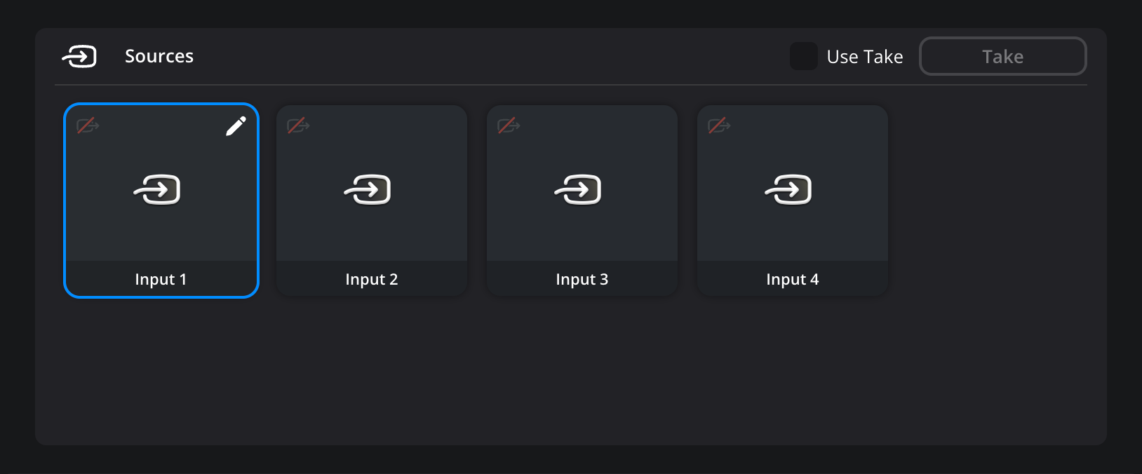 An unconfigured 'Input 1' connection tile with the pencil edit icon in its top right corner