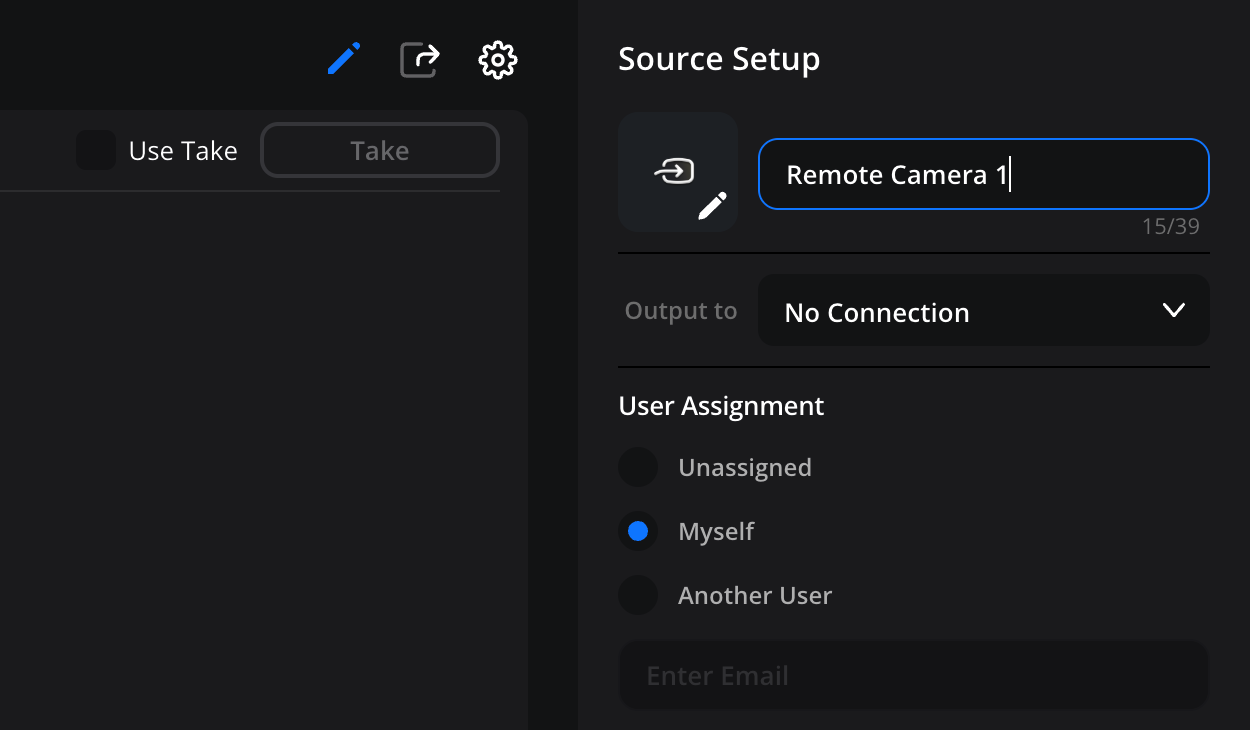 The Source Setup panel with the name field being edited to read 'Remote Camera 1', alongside the icon edit button, 'Output to' menu, User Assignment options and camera control settings
