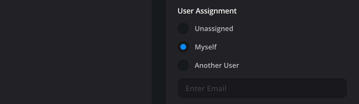 The User Assignment options in a personal profile, with 'Myself' selected and an 'Enter Email' field for assigning the connection to another user