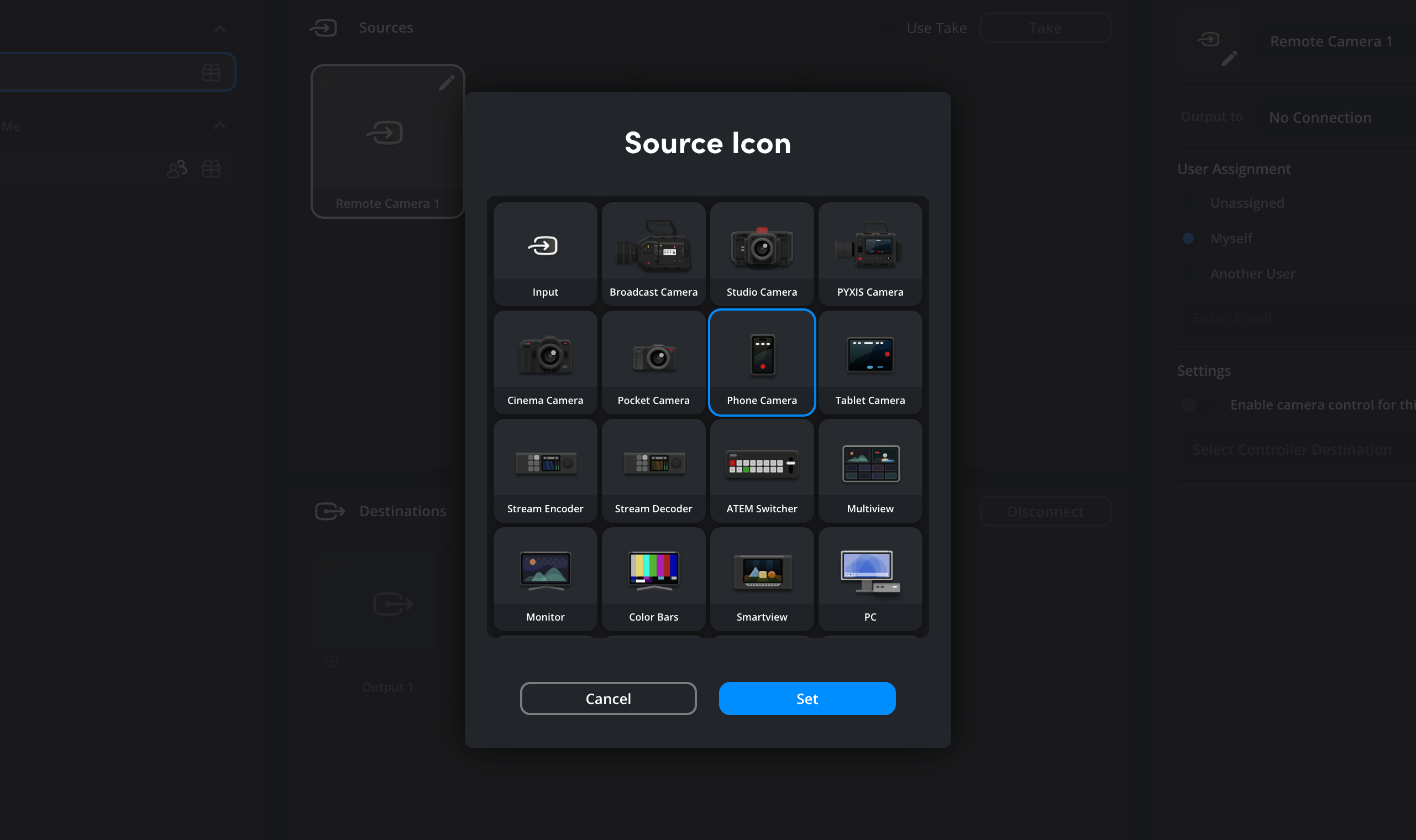 The Source Icon picker showing a grid of device icons — including Input, Broadcast Camera, Studio Camera, PYXIS Camera, Phone Camera (selected), Stream Encoder, Stream Decoder, ATEM Switcher and Monitor — with Cancel and Set buttons