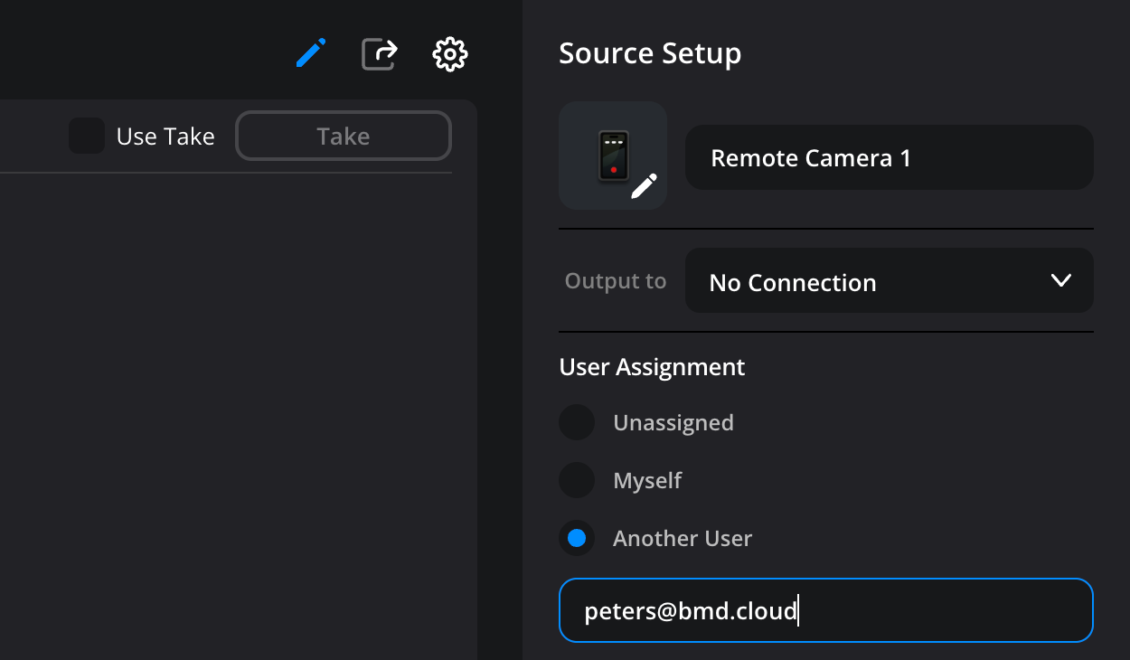 The Source Setup panel with 'Another User' selected under User Assignment and the email address 'peters@bmd.cloud' entered to assign the input to a remote user