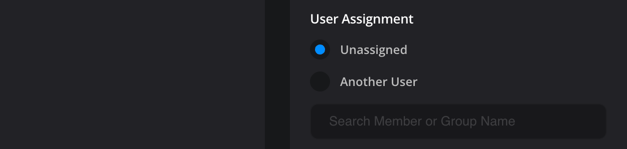 The User Assignment options in an organization profile, with 'Unassigned' selected and a 'Search Member or Group Name' field for assigning the connection