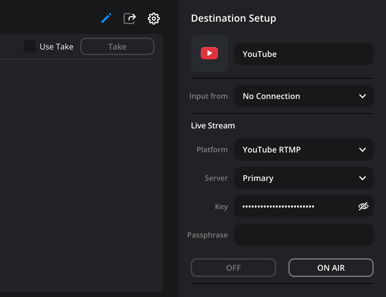The Destination Setup panel for a streaming output named 'YouTube Stream', showing the YouTube icon, 'Input from' menu and Live Stream settings for platform, server, key and passphrase with OFF and ON AIR buttons