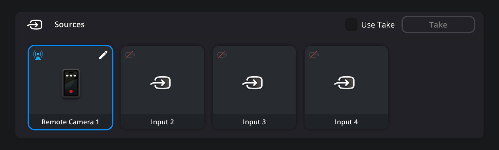 A configured 'Remote Camera 1' input tile