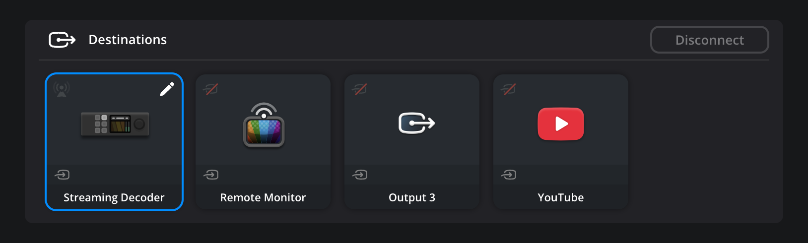 The Destinations panel with the 'Streaming Decoder' output selected and highlighted with a blue border, ready to be routed