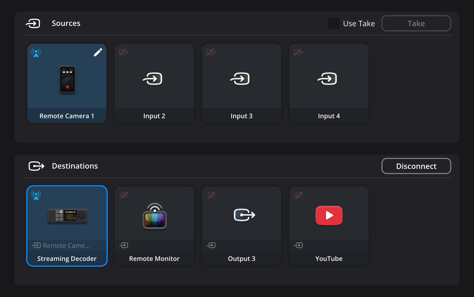 A completed route with 'Remote Camera 1' selected in the Sources panel and the 'Streaming Decoder' output in the Destinations panel showing the connected input name 'Remote Came...' below its icon