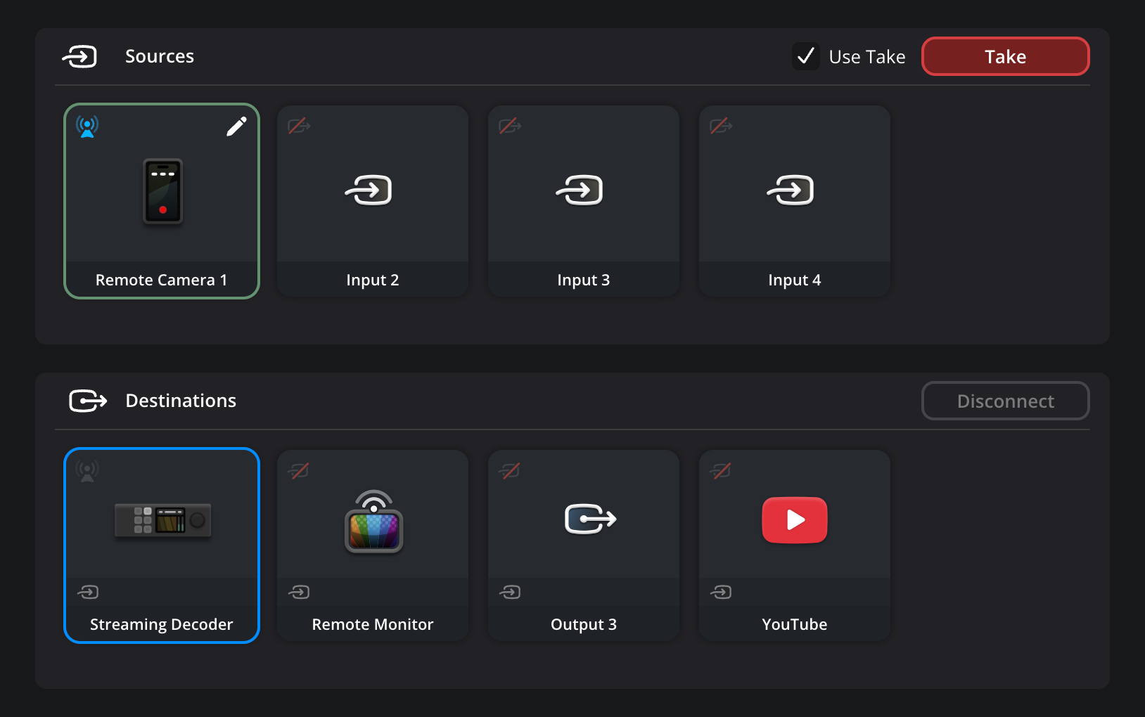 A pending take route with 'Remote Camera 1' highlighted with a green border in the Sources panel, the 'Streaming Decoder' output selected in the Destinations panel, and the 'TAKE' button illuminated red