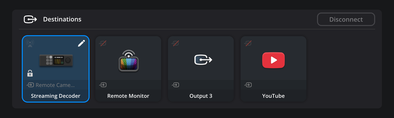 A 'Streaming Decoder' output tile showing the lock icon on the left side, used to lock the output and prevent disconnection