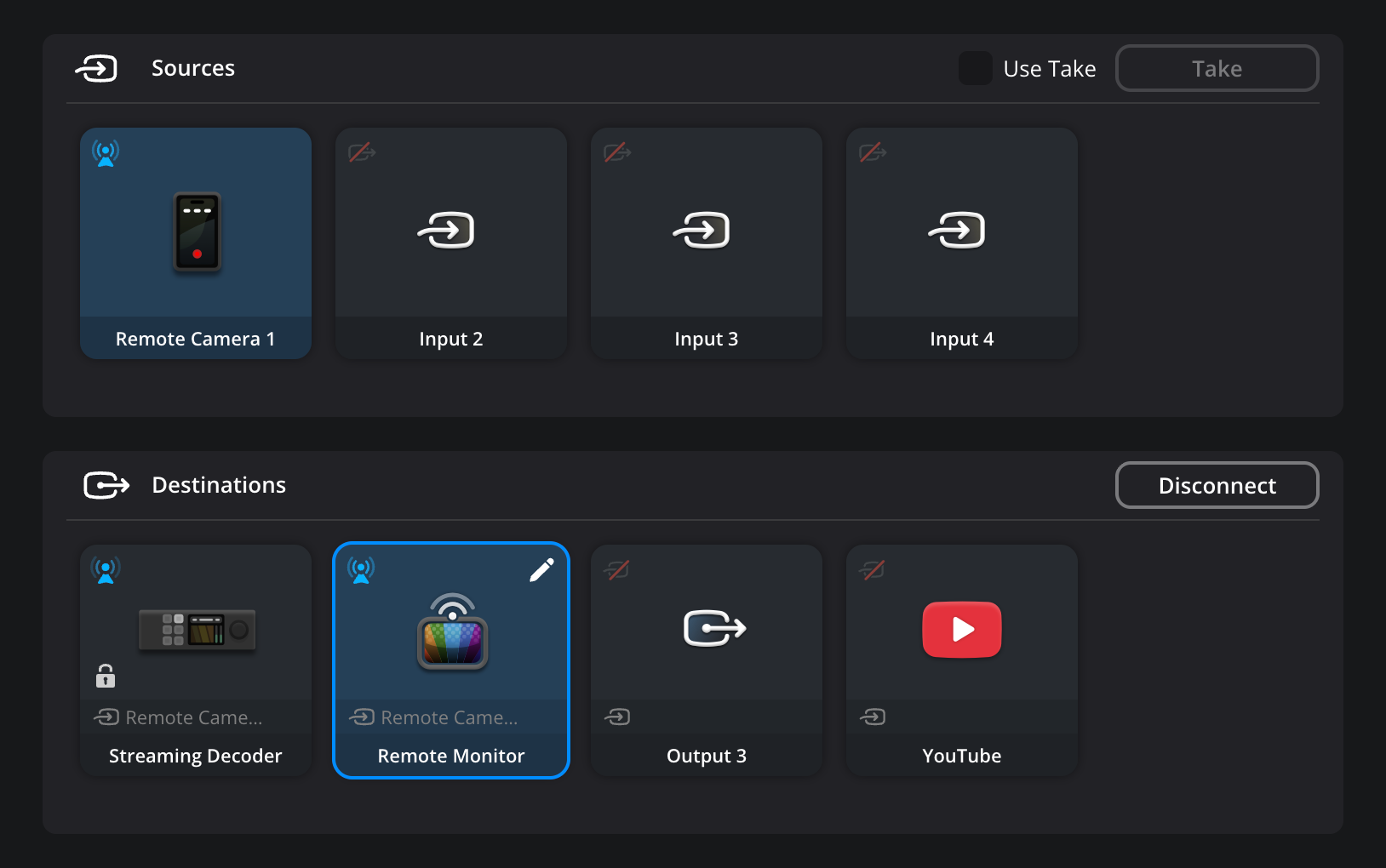 The 'Remote Camera 1' input routed to two destinations, with both the 'Streaming Decoder' and 'Remote Monitor' outputs now showing the connected camera in the Destinations panel
