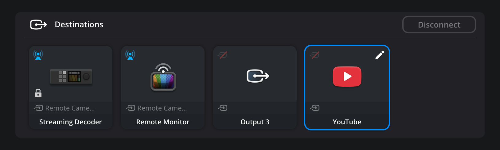 A YouTube streaming output tile with its pencil edit icon in the top right corner, used to open the destination setup and start the stream