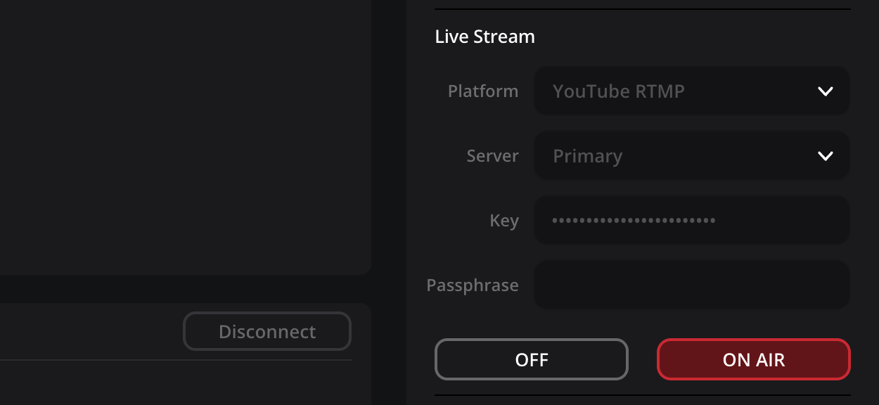 The OFF and ON AIR buttons in the destination setup panel, with the ON AIR button illuminated red to indicate the stream is live