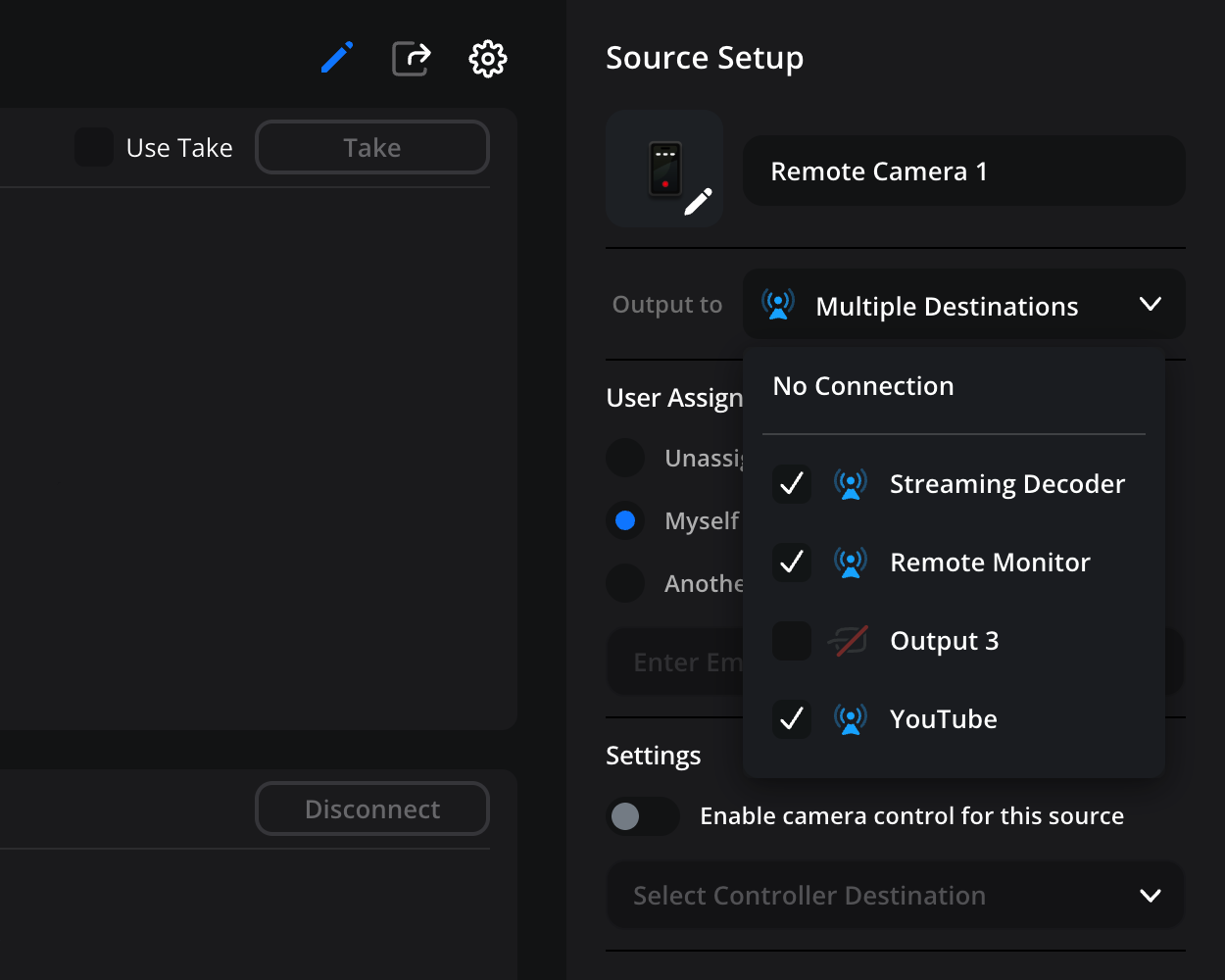 A configured 'Remote Camera 1' input tile