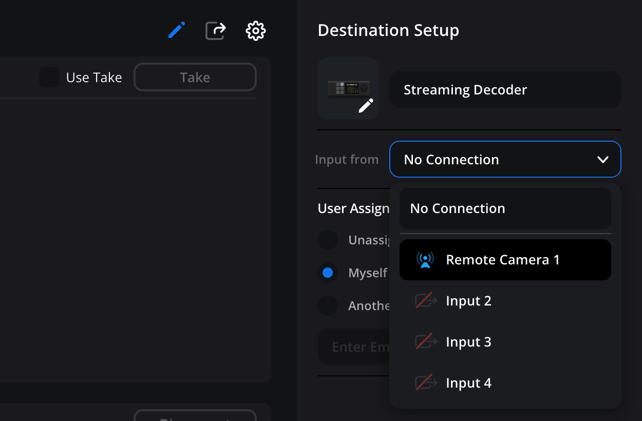 A configured 'Remote Camera 1' input tile