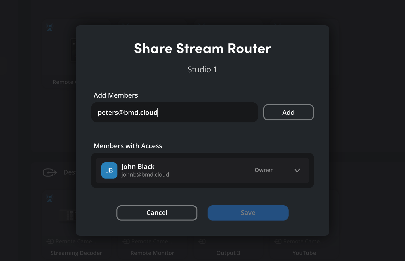 The 'Share Stream Router' dialog for 'Studio 1' with the email address 'peters@bmd.cloud' entered in the 'Add Members' field and an 'Add' button