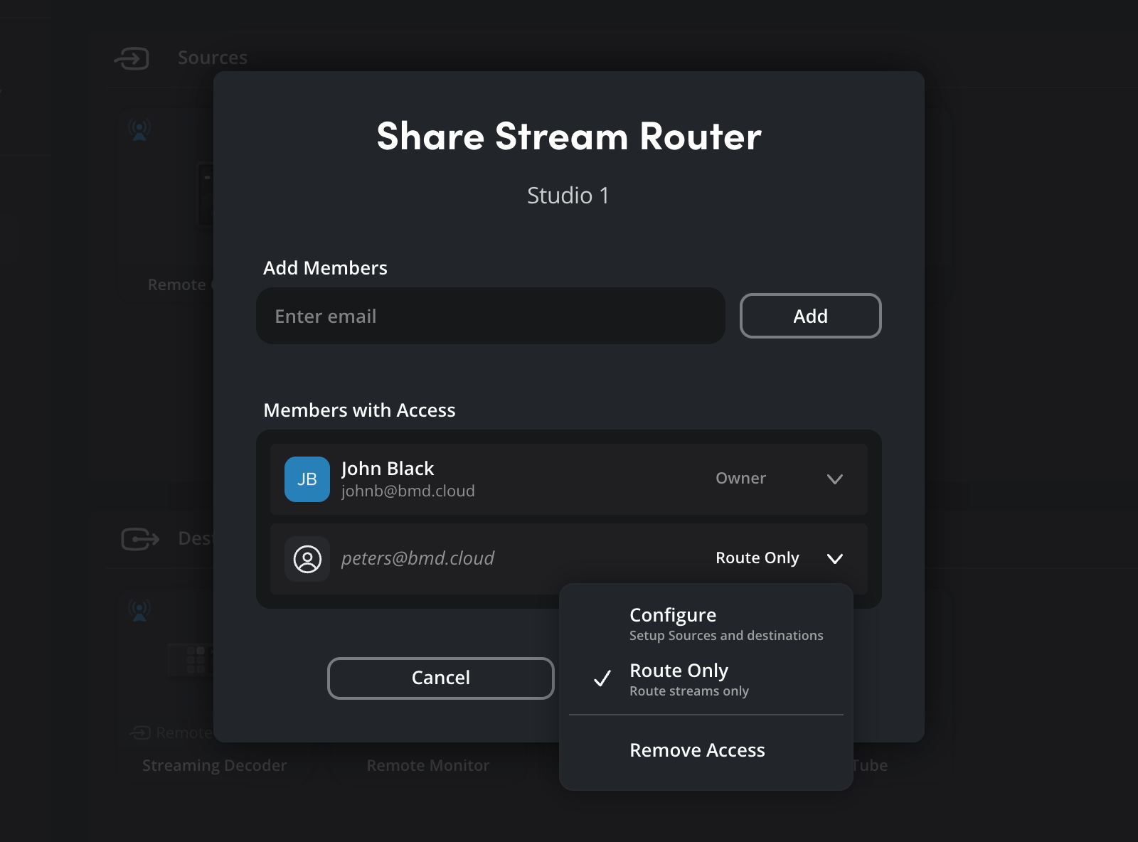 The access level menu for a shared member, listing 'Admin — Manage all aspects of router', 'Configure — Setup Sources and destinations', 'Route Only — Route streams only' (selected) and 'Remove Access'
