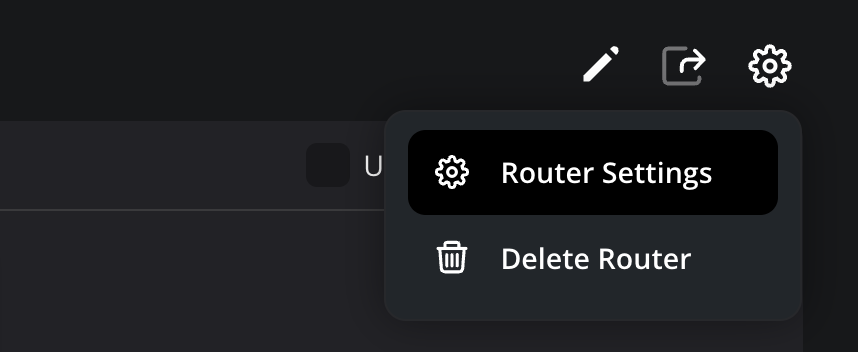 The settings cog menu open in the top right corner of the screen, showing 'Router Settings' and 'Delete Router' options